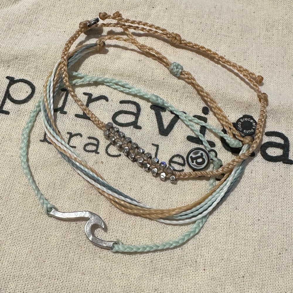 PURA VIDA Silver Wave Mint & Tan Custom Bracelet 3 Piece Set NEW